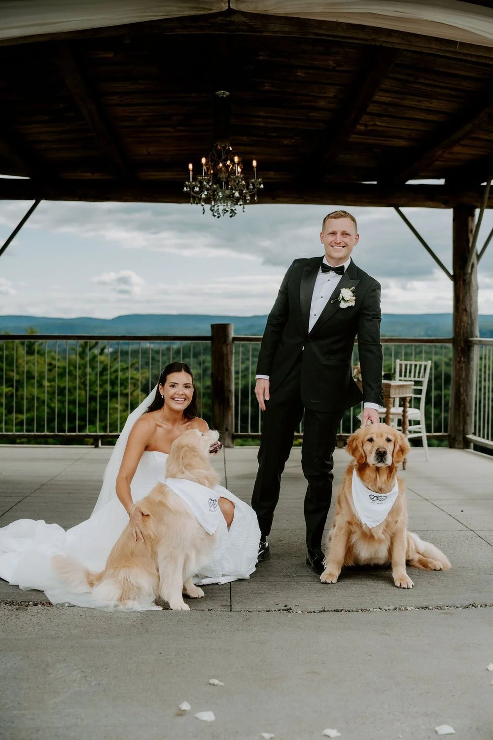 Kylie and Will with their two golden retrievers under the chandelier pavilion overlooking the Gatineau Hills