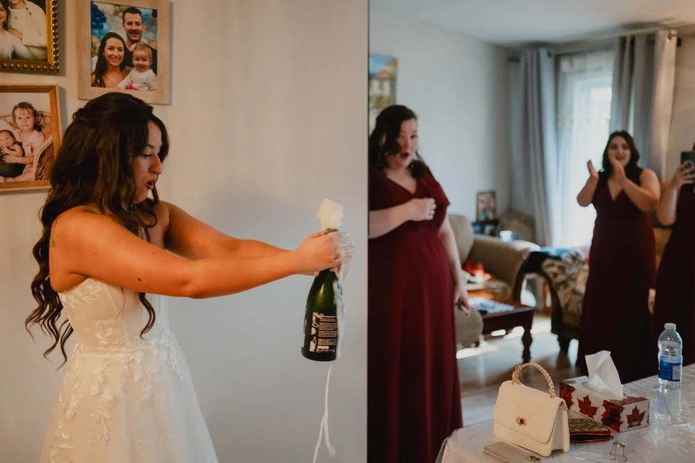 a bride popping champagne 
