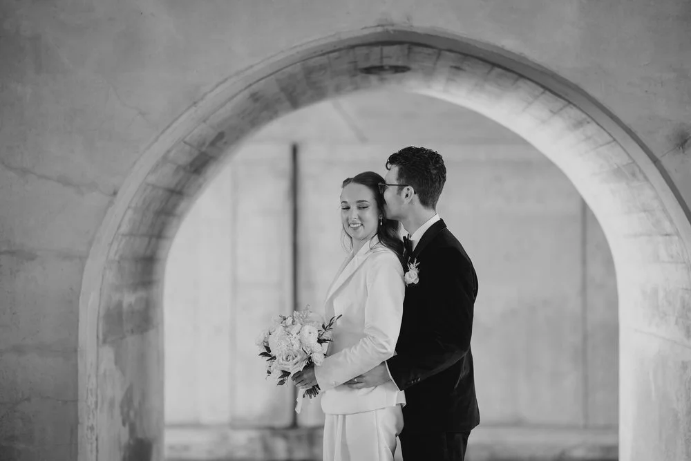 black and white portrait of a stylish bride and groom in downtown ottawa
