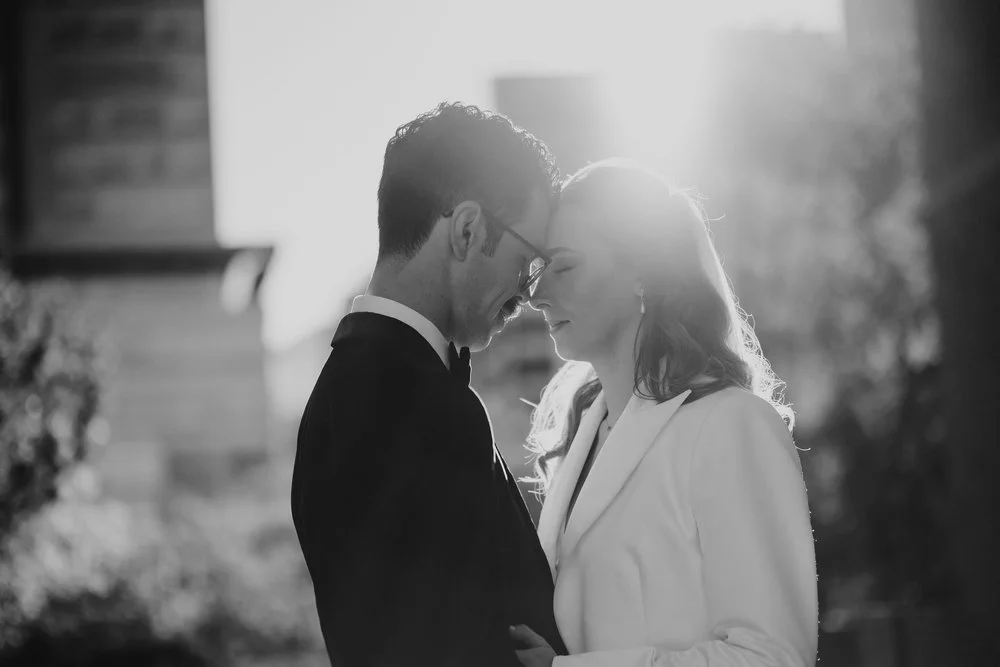 black and white portrait of a stylish bride and groom in downtown ottawa