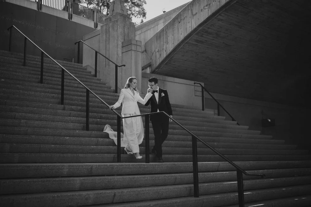 black and white portrait of a stylish bride and groom in downtown ottawa