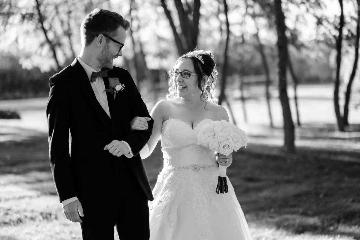 black and white couples photograph on their wedding day at stonefields