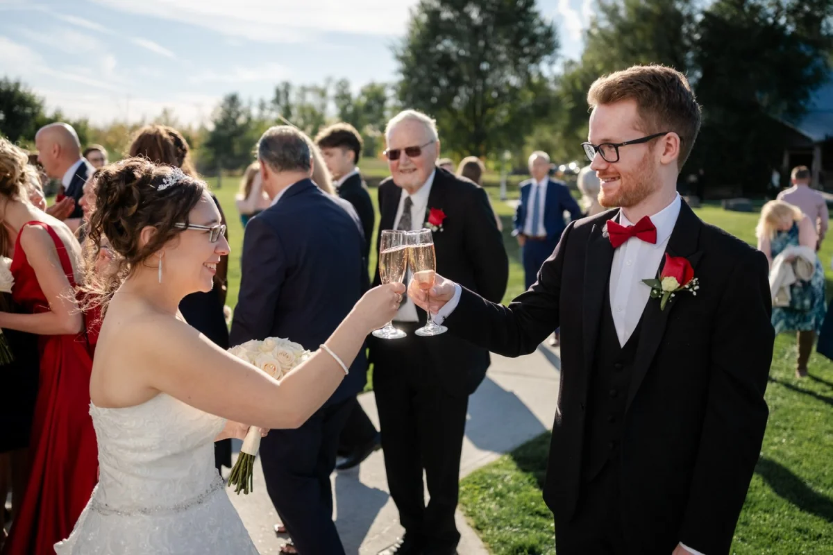 family members hugging a celebrating after a wedding ceremony