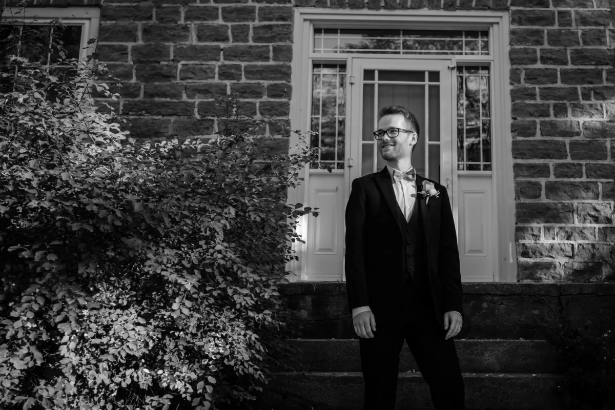 black and white couples photograph on their wedding day at stonefields