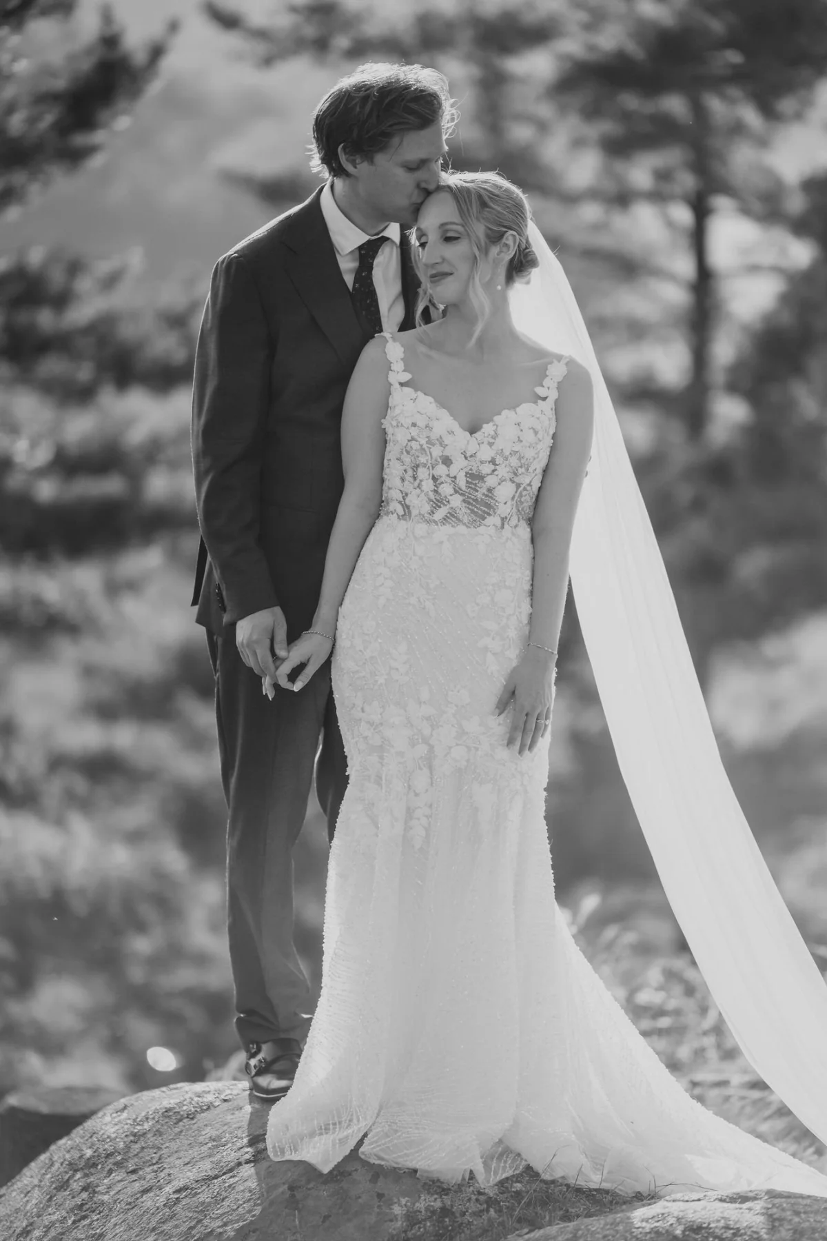 black and white photograph of a bride and groom