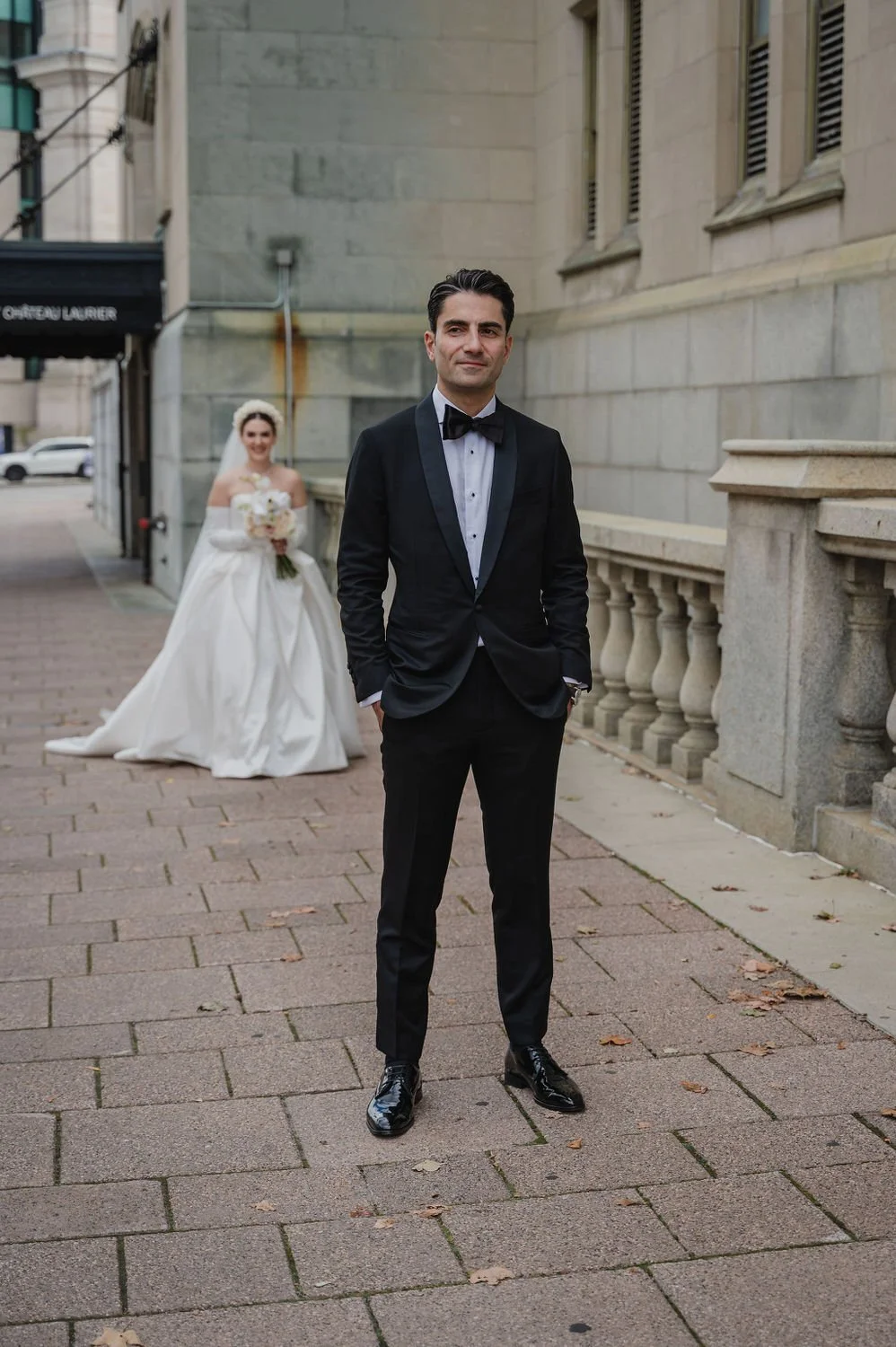 first look photograph outside the chateau Laurier in ottawa
