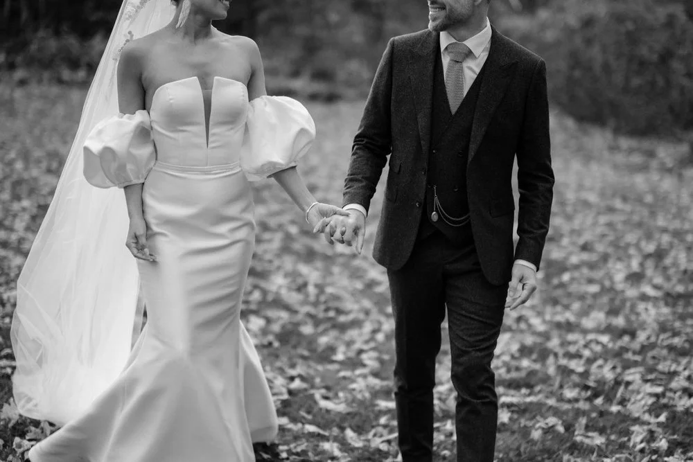 black and white wedding photograph at autumn wedding ceremony photograph at Temple's Sugar Bush