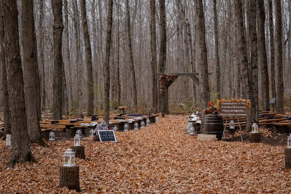 fall wedding ceremony set up at Temple's Sugar Bush