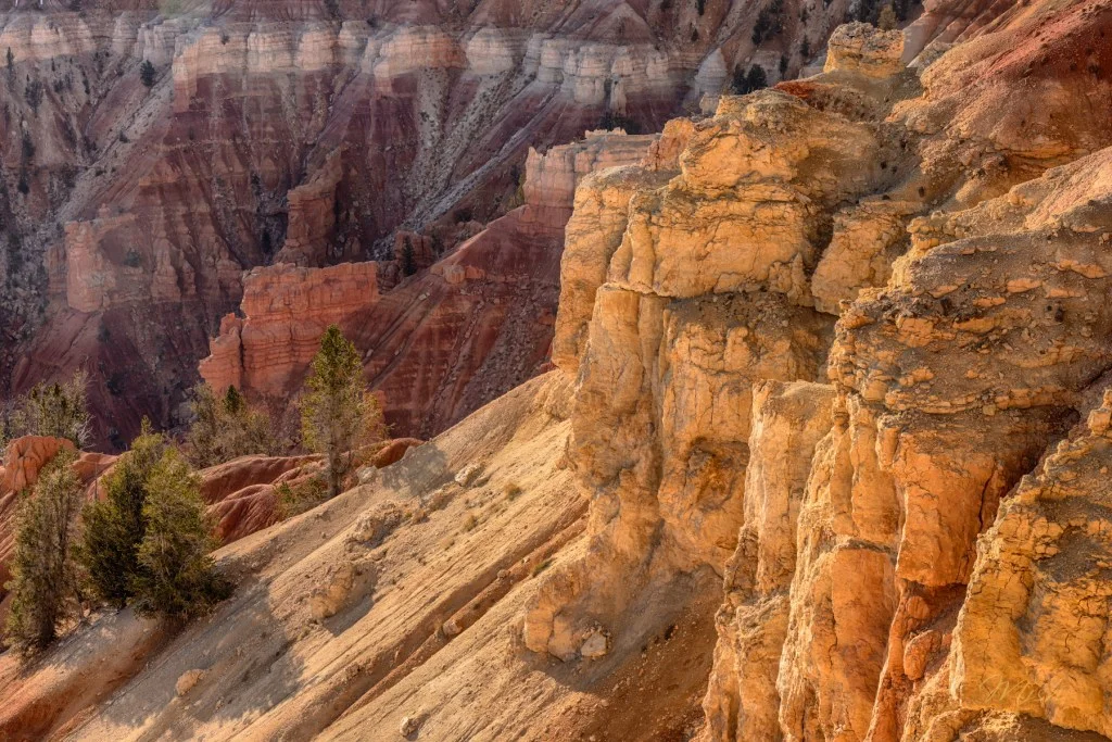 A rocky cliff featuring layered sandstone formations and sparse vegetation, set against a backdrop of colorful canyon walls.