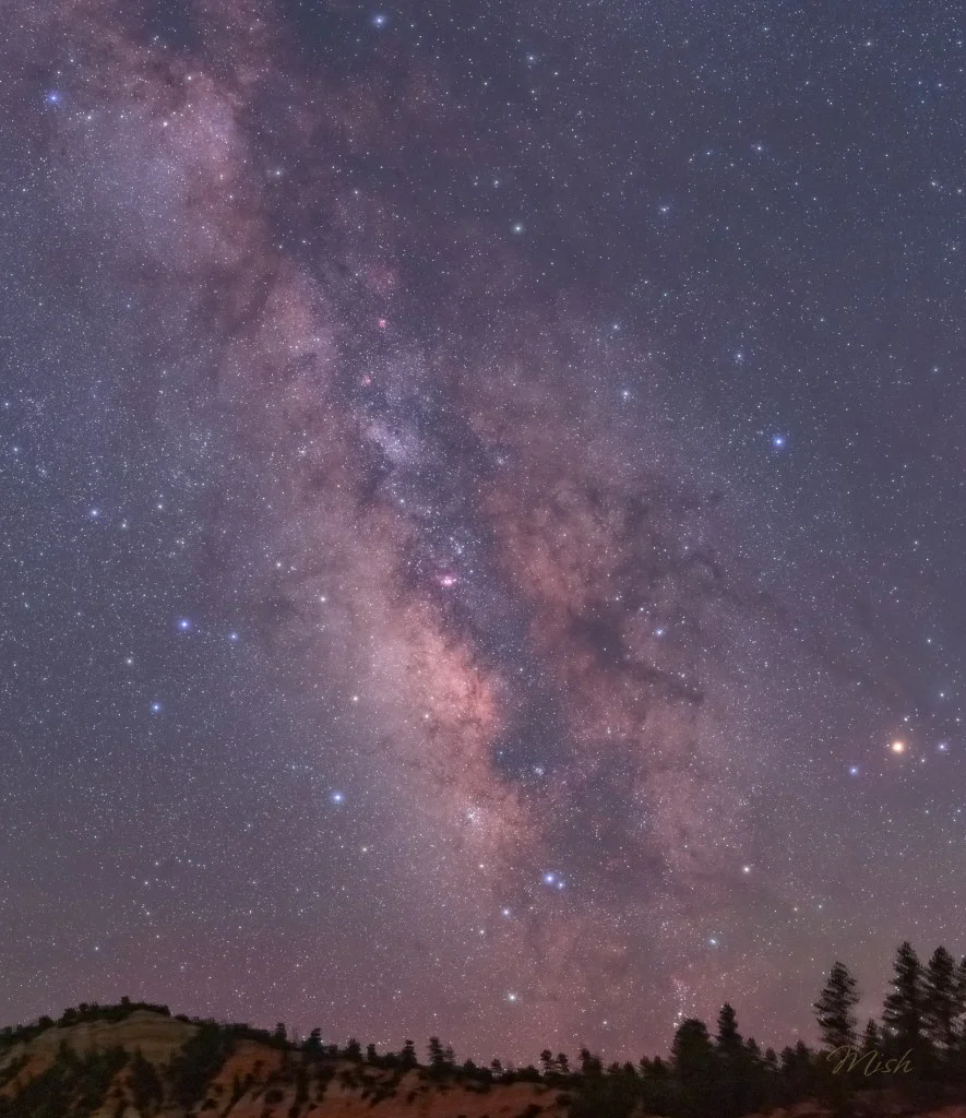 A stunning view of the night sky showcasing the Milky Way galaxy with numerous stars and deep-space colors, framed by silhouettes of trees and hills in the foreground.