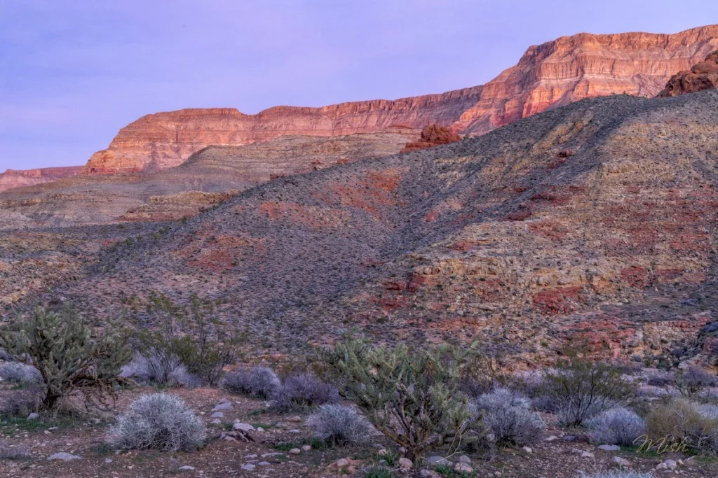 Scenic landscape of colorful rock formations and hills at sunset in a desert environment.